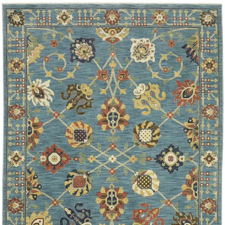 3' X 5' Blue Yellow And Dark Orange Oriental Area Rug With Fringe