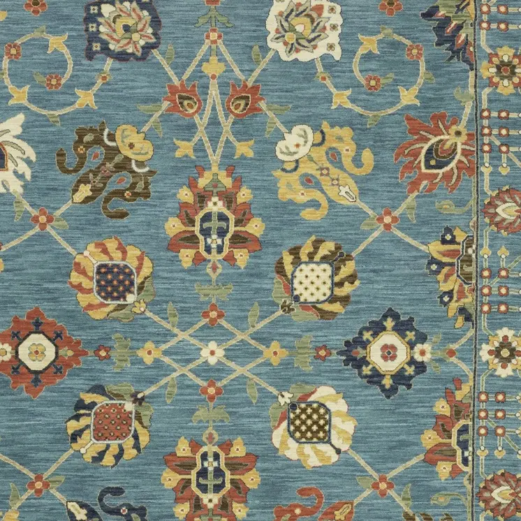 3' X 5' Blue Yellow And Dark Orange Oriental Area Rug With Fringe