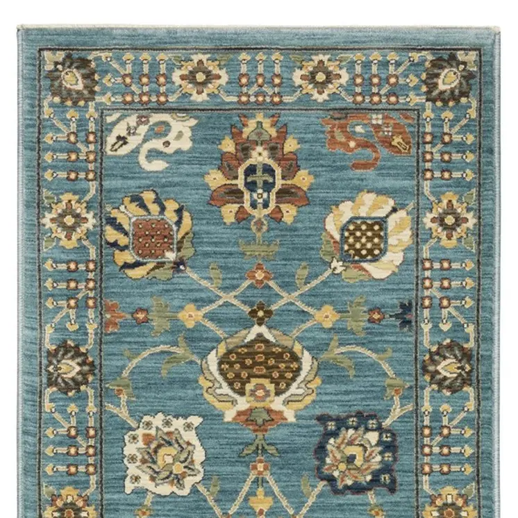 8' Blue Yellow And Dark Orange Oriental Runner Rug With Fringe
