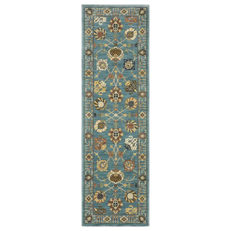 8' Blue Yellow And Dark Orange Oriental Runner Rug With Fringe