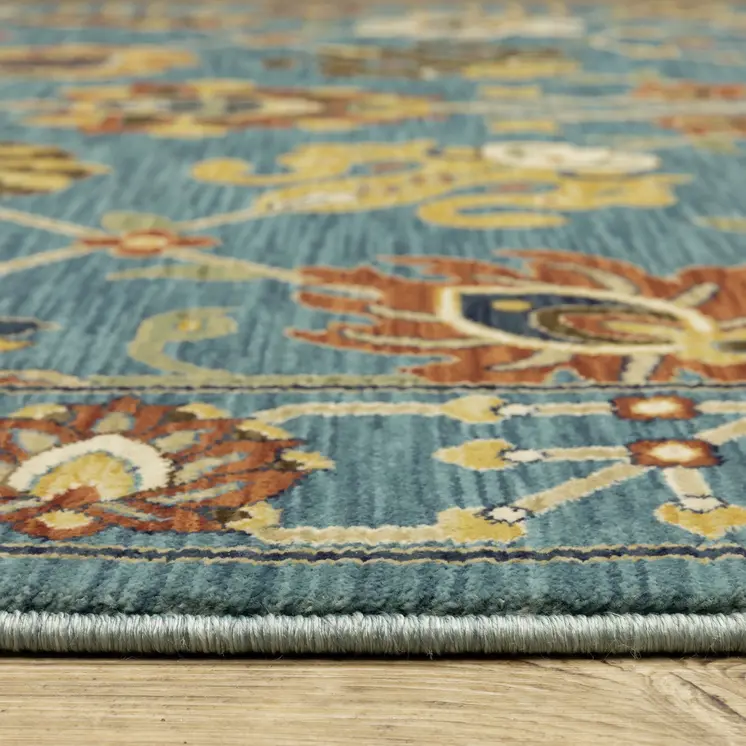 8' Blue Yellow And Dark Orange Oriental Runner Rug With Fringe