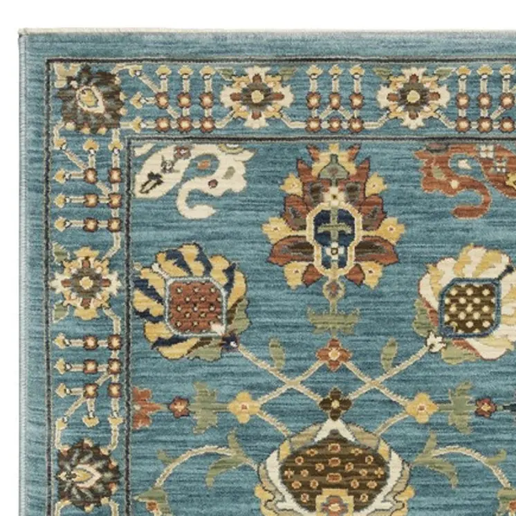 8' Blue Yellow And Dark Orange Oriental Runner Rug With Fringe