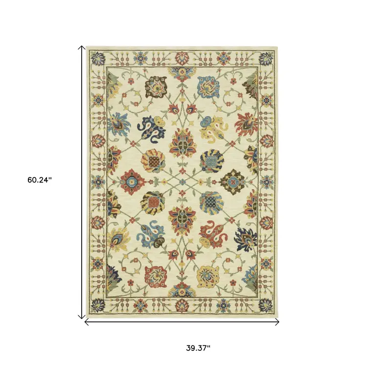 3' X 5' Ivory Yellow And Dark Orange Oriental Area Rug With Fringe
