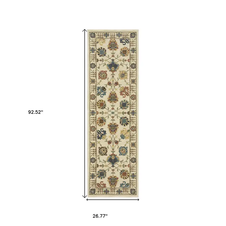 8' Ivory Yellow And Dark Orange Oriental Runner Rug With Fringe