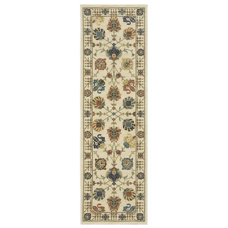 8' Ivory Yellow And Dark Orange Oriental Runner Rug With Fringe