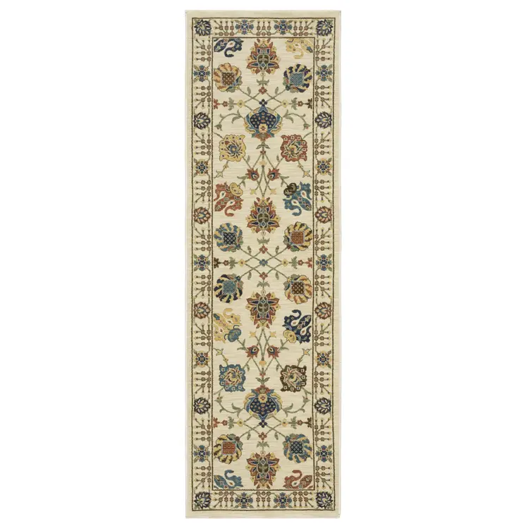 8' Ivory Yellow And Dark Orange Oriental Runner Rug With Fringe