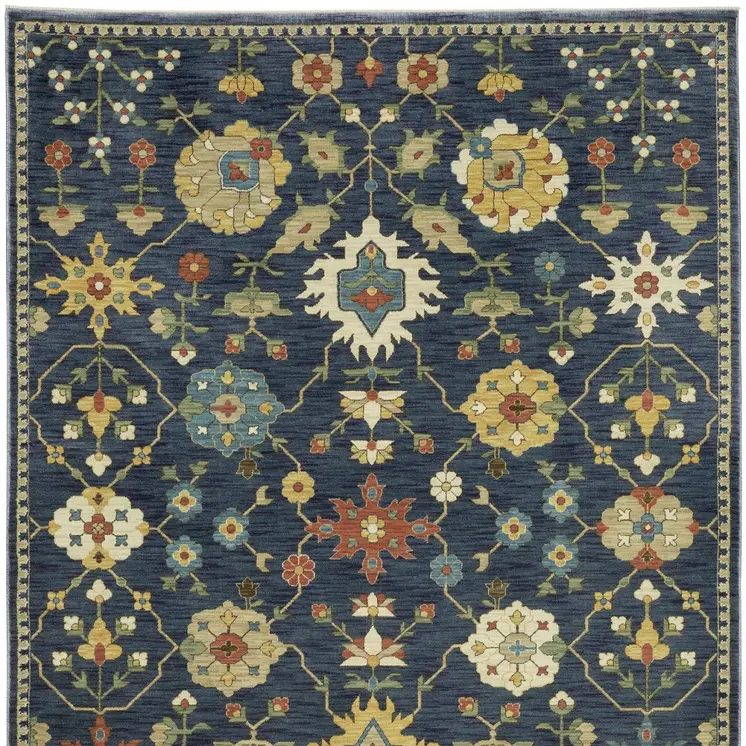 3' X 5' Blue And Gold Oriental Area Rug With Fringe