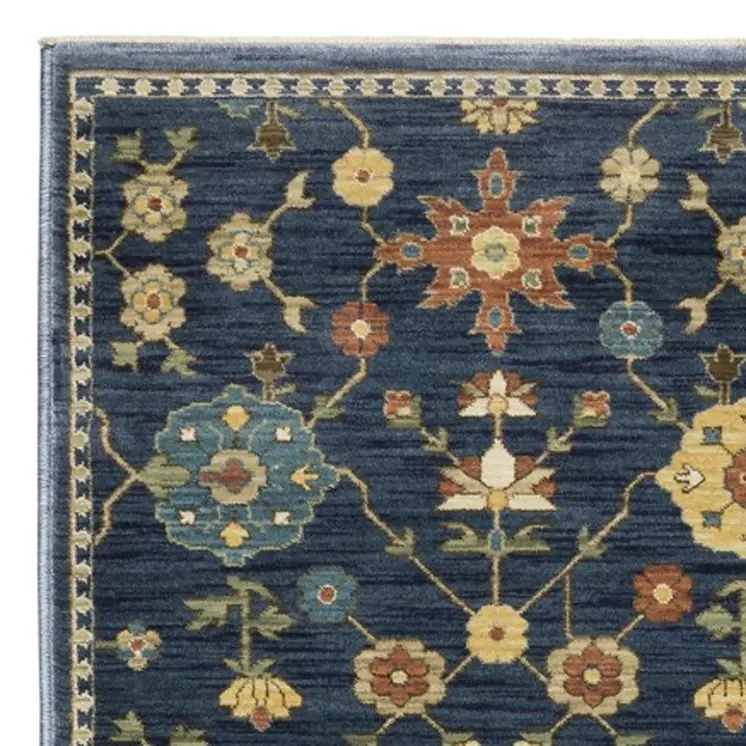 8' Blue And Gold Oriental Runner Rug With Fringe