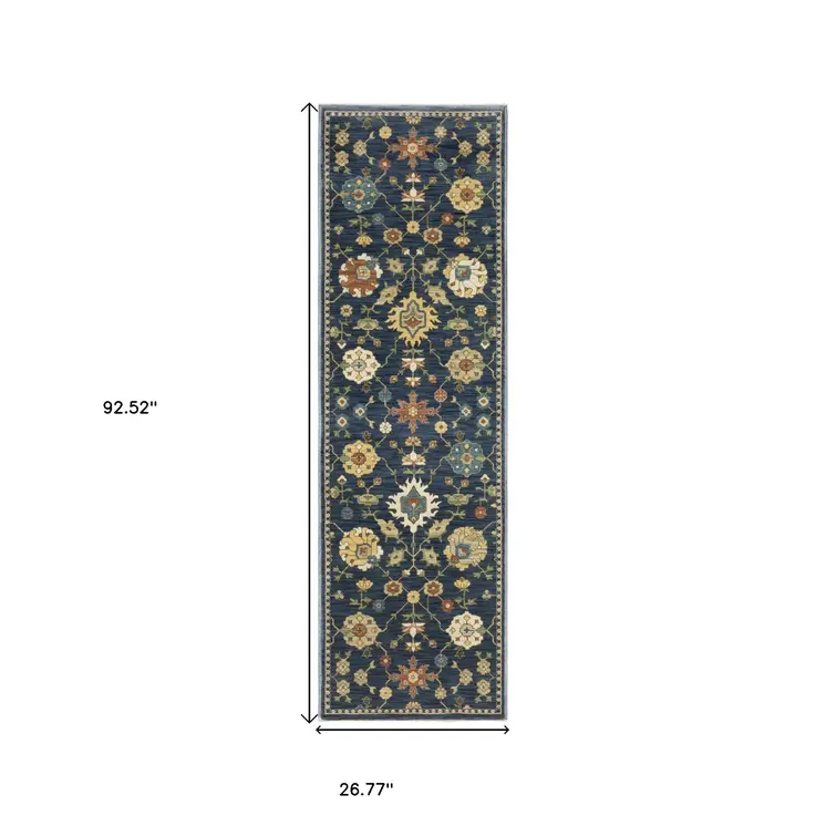 8' Blue And Gold Oriental Runner Rug With Fringe