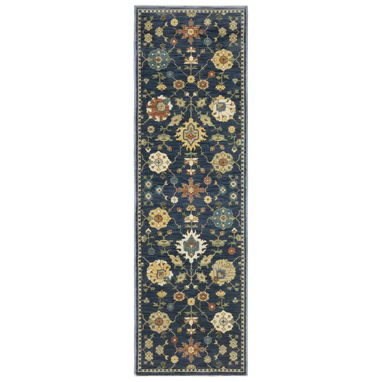 8' Blue And Gold Oriental Runner Rug With Fringe