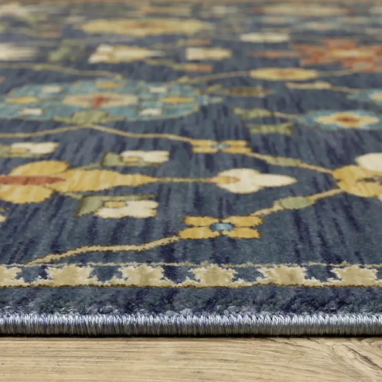 8' Blue And Gold Oriental Runner Rug With Fringe