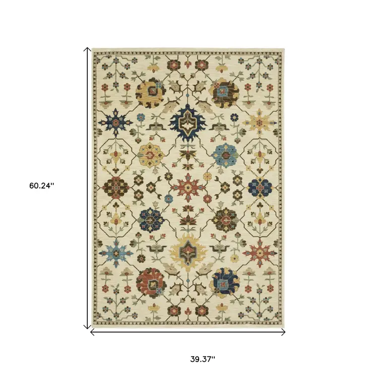 3' X 5' Ivory And Gold Oriental Area Rug With Fringe