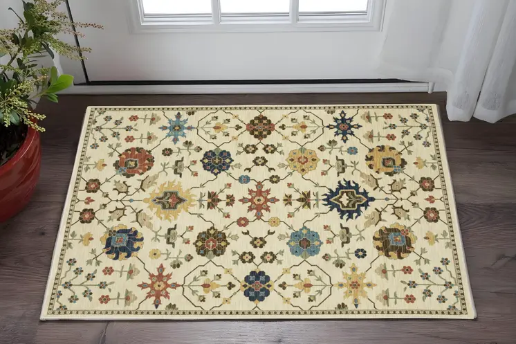 3' X 5' Ivory And Gold Oriental Area Rug With Fringe