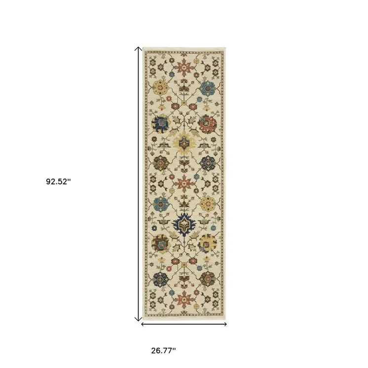 8' Ivory And Gold Oriental Runner Rug With Fringe