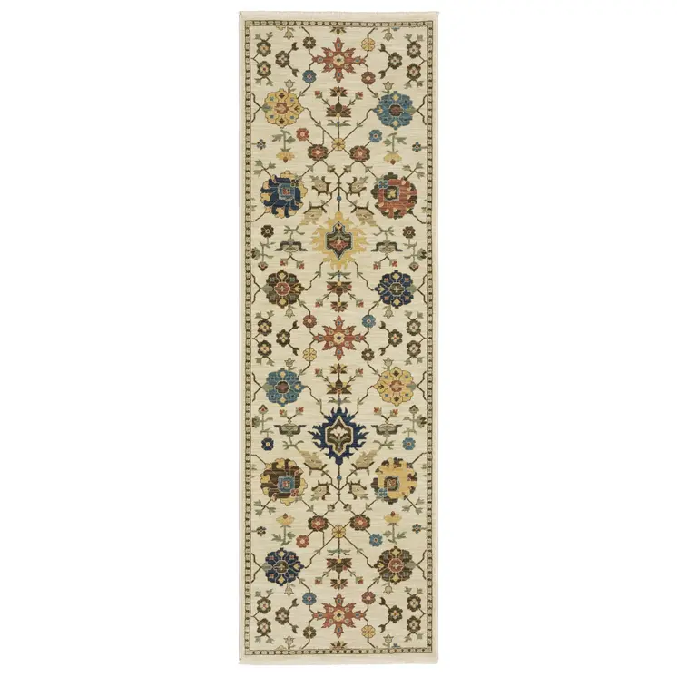 8' Ivory And Gold Oriental Runner Rug With Fringe