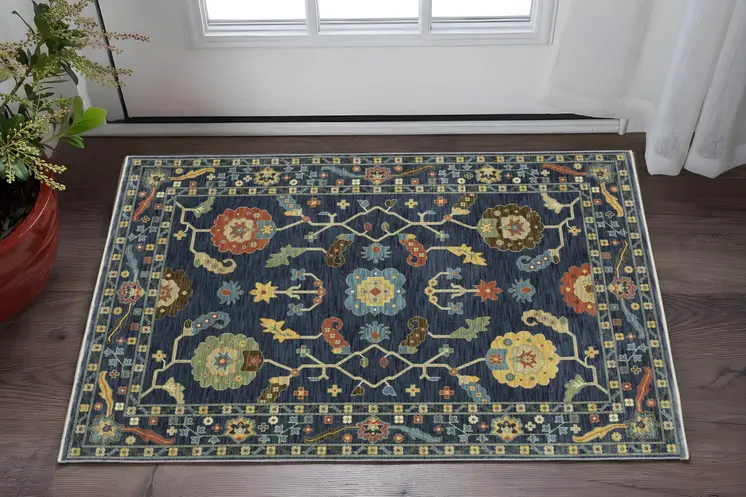 3' X 5' Blue And Gold Oriental Area Rug With Fringe
