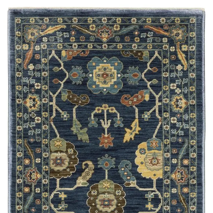 8' Blue And Gold Oriental Runner Rug With Fringe