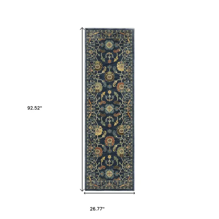 8' Blue And Gold Oriental Runner Rug With Fringe