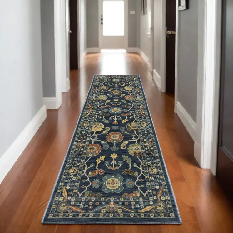 8' Blue And Gold Oriental Runner Rug With Fringe