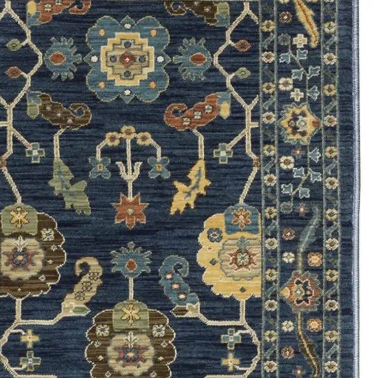 8' Blue And Gold Oriental Runner Rug With Fringe