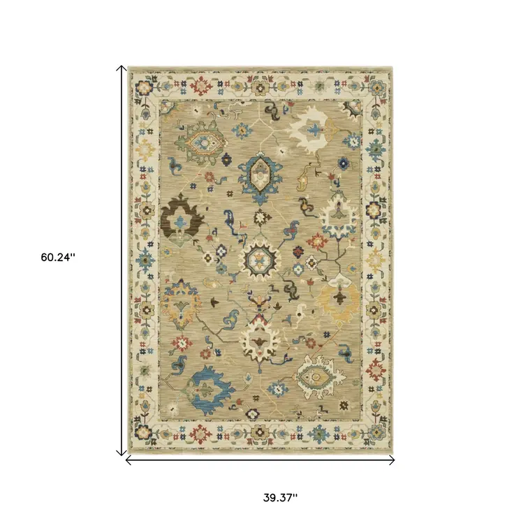 3' X 5' Beige Dark Orange And Blue Oriental Area Rug With Fringe