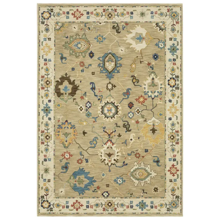 3' X 5' Beige Dark Orange And Blue Oriental Area Rug With Fringe