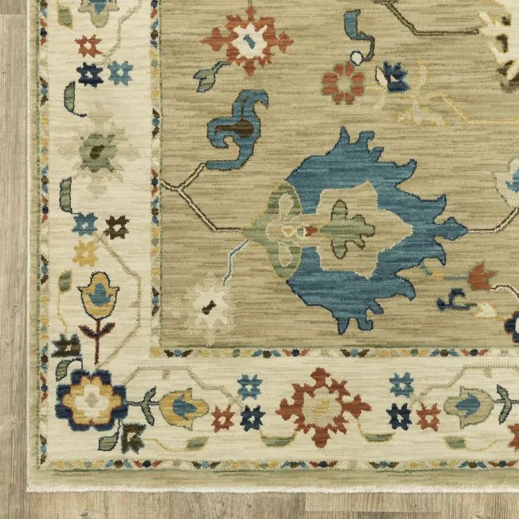 3' X 5' Beige Dark Orange And Blue Oriental Area Rug With Fringe