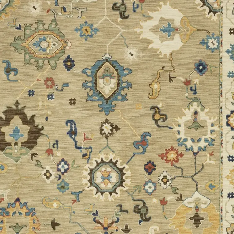 3' X 5' Beige Dark Orange And Blue Oriental Area Rug With Fringe