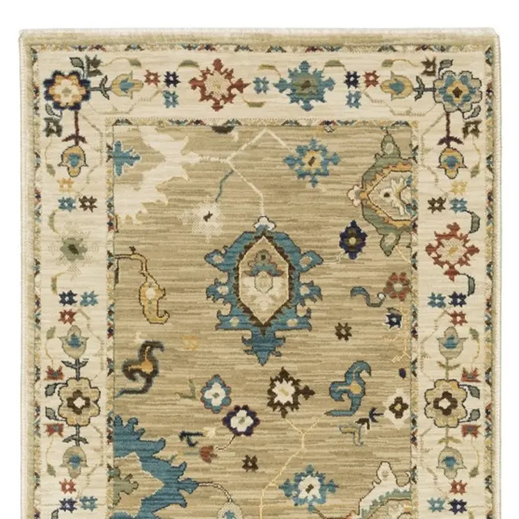 8' Beige Blue And Rust Oriental Runner Rug With Fringe