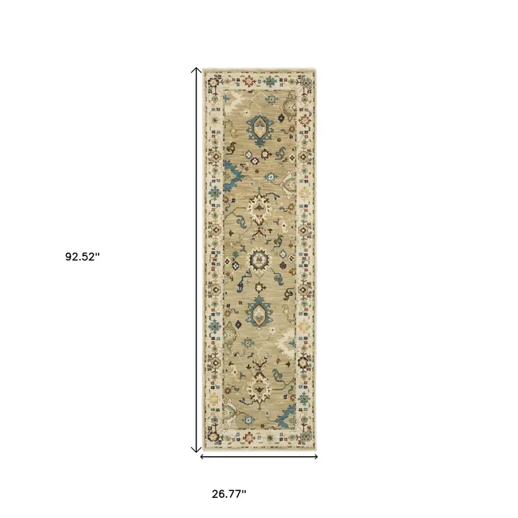 8' Beige Blue And Rust Oriental Runner Rug With Fringe