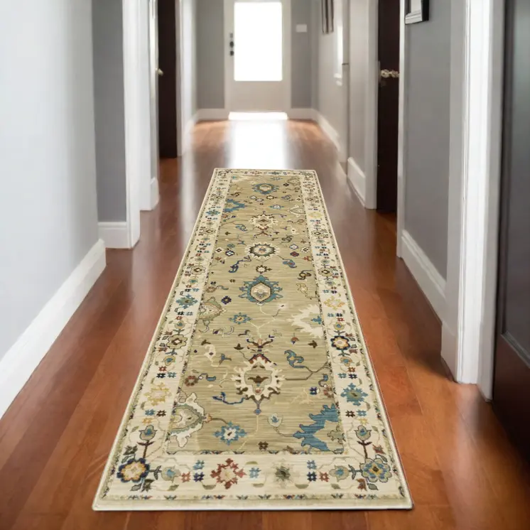 8' Beige Blue And Rust Oriental Runner Rug With Fringe