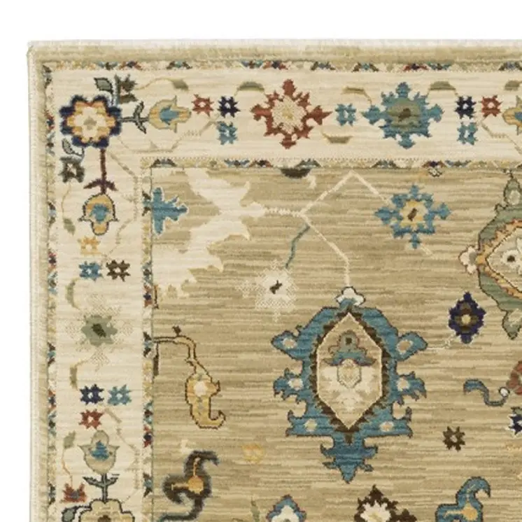 8' Beige Blue And Rust Oriental Runner Rug With Fringe