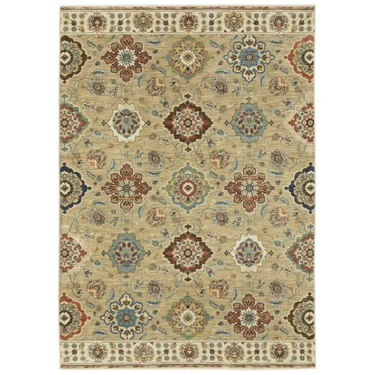 3' X 5' Tan Red And Blue Floral Area Rug With Fringe