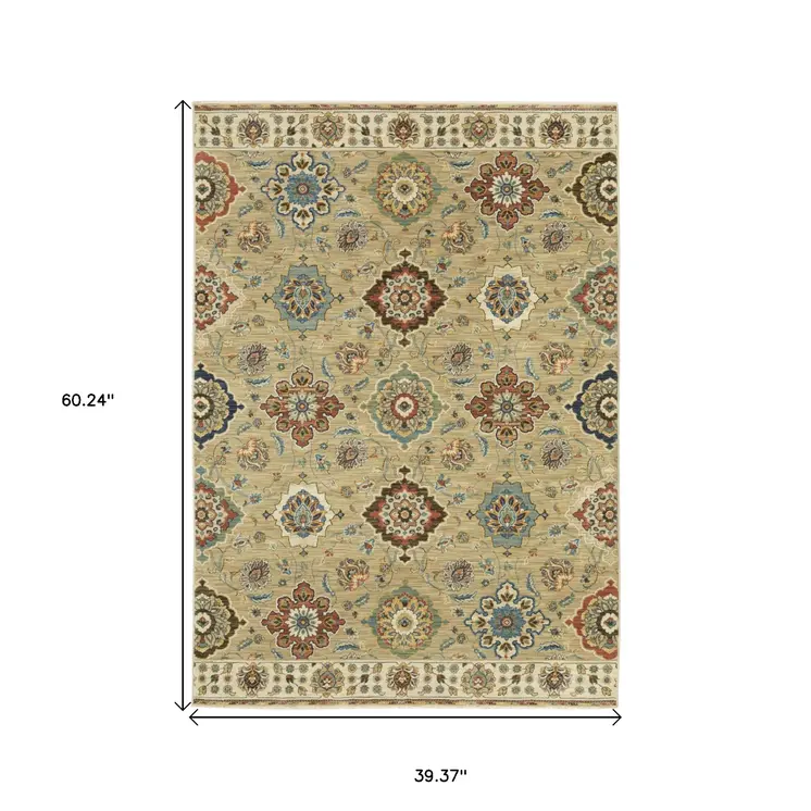 3' X 5' Tan Red And Blue Floral Area Rug With Fringe