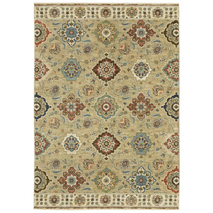 3' X 5' Tan Red And Blue Floral Area Rug With Fringe