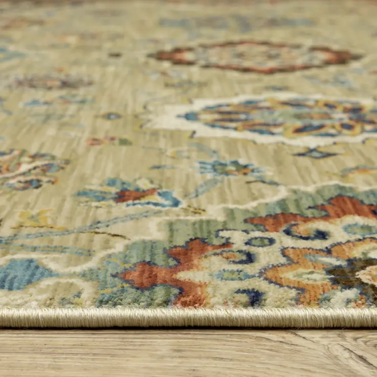 3' X 5' Tan Red And Blue Floral Area Rug With Fringe