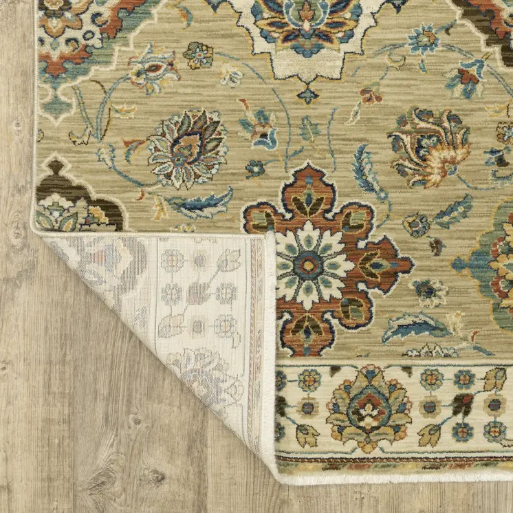 3' X 5' Tan Red And Blue Floral Area Rug With Fringe