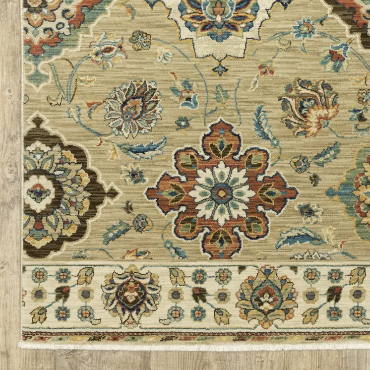 3' X 5' Tan Red And Blue Floral Area Rug With Fringe