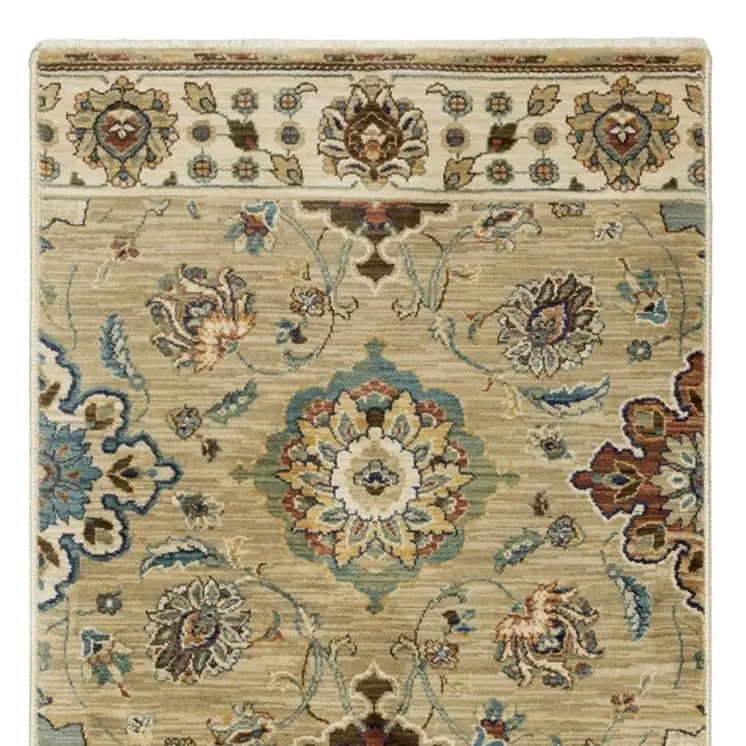 8' Tan Blue And Brown Floral Runner Rug With Fringe
