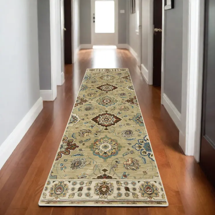 8' Tan Blue And Brown Floral Runner Rug With Fringe