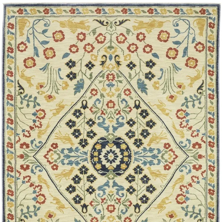 3' X 5' Ivory Blue And Burnt Orange Oriental Area Rug With Fringe
