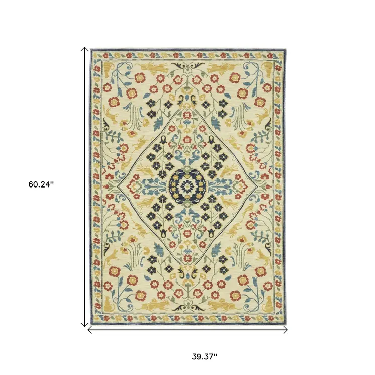 3' X 5' Ivory Blue And Burnt Orange Oriental Area Rug With Fringe