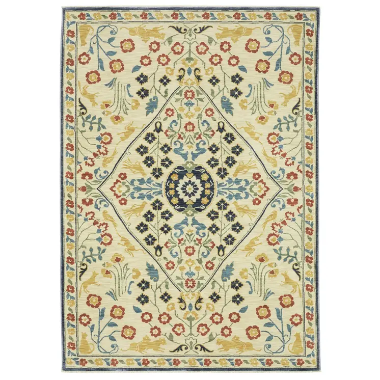 3' X 5' Ivory Blue And Burnt Orange Oriental Area Rug With Fringe