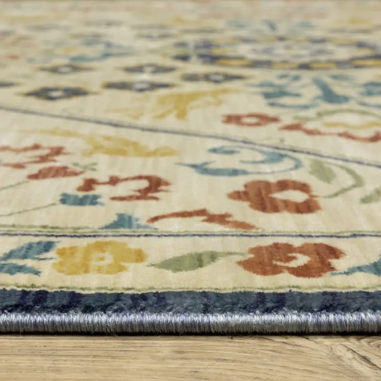 3' X 5' Ivory Blue And Burnt Orange Oriental Area Rug With Fringe