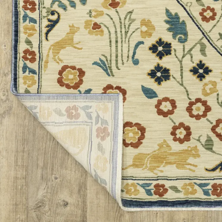 3' X 5' Ivory Blue And Burnt Orange Oriental Area Rug With Fringe