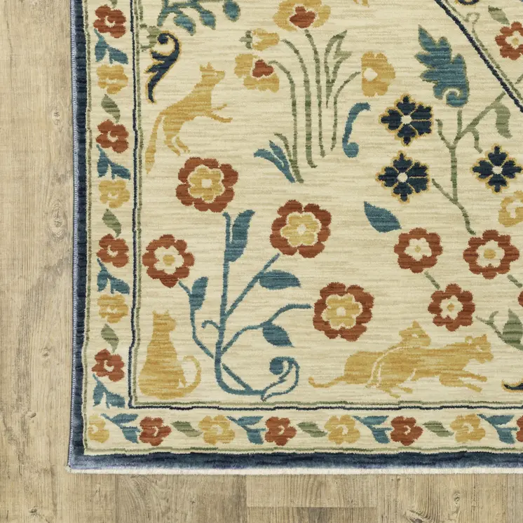 3' X 5' Ivory Blue And Burnt Orange Oriental Area Rug With Fringe