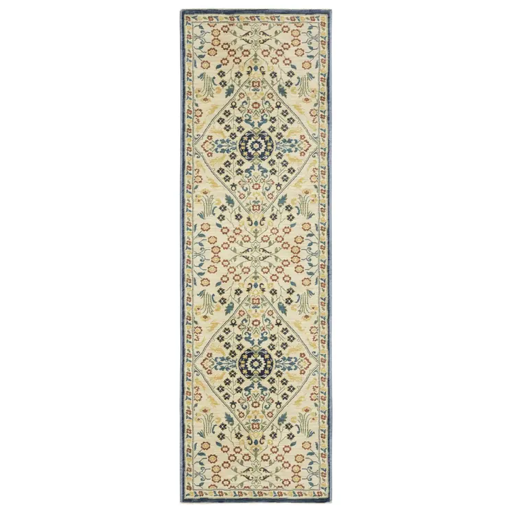 8' Ivory Blue And Burnt Orange Oriental Runner Rug With Fringe