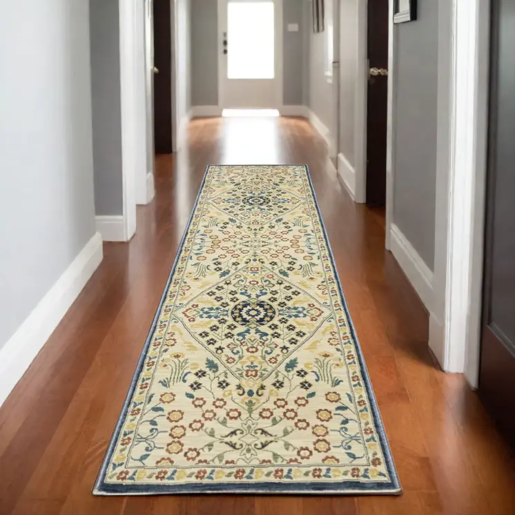 8' Ivory Blue And Burnt Orange Oriental Runner Rug With Fringe