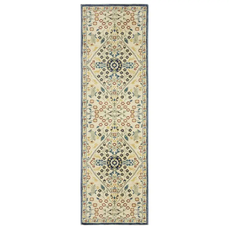 8' Ivory Blue And Burnt Orange Oriental Runner Rug With Fringe
