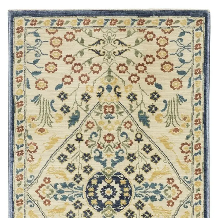 8' Ivory Blue And Burnt Orange Oriental Runner Rug With Fringe